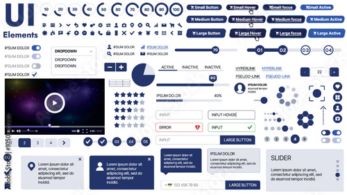 A clean and responsive template with UI elements, menu, icons, and checkboxes; ideal for a business or social media page. Horizontal layout with simple shapes