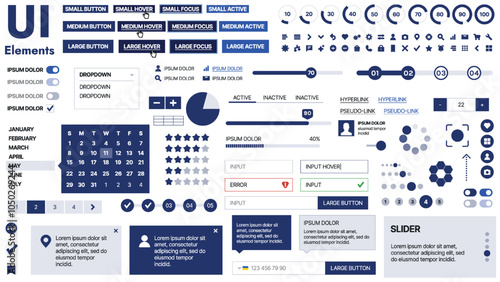 A clean and responsive template with UI elements, menu, icons, and checkboxes; ideal for a business or social media page. Horizontal layout with simple shapes
