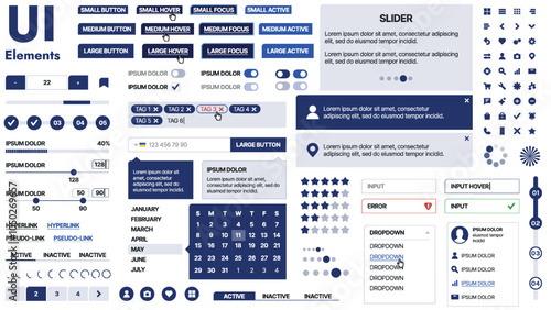 A clean and responsive template with UI elements, menu, icons, and checkboxes; ideal for a business or social media page. Horizontal layout with simple shapes