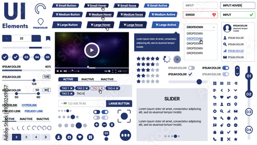 A clean and responsive template with UI elements, menu, icons, and checkboxes; ideal for a business or social media page. Horizontal layout with simple shapes