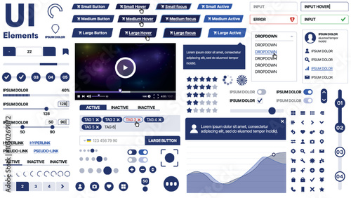 A clean and responsive template with UI elements, menu, icons, and checkboxes; ideal for a business or social media page. Horizontal layout with simple shapes