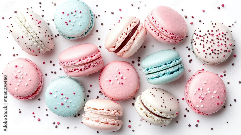 Obraz premium Top-down view of scattered macarons in pastel hues, with each flavor displayed elegantly on a clean white background.