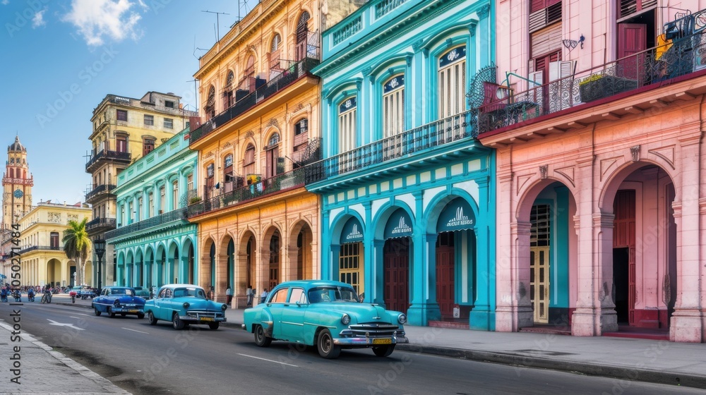Fototapeta premium A colorful street in Havana with vibrant colonial buildings and classic vintage cars, lively setting with rich hues, Retro style