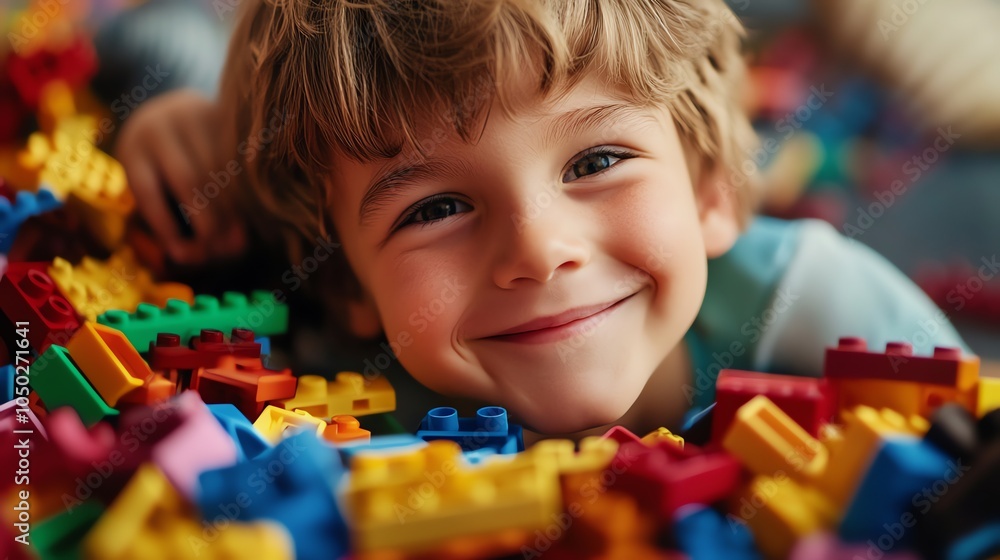 A little boy smiles while playing with colorful building blocks.