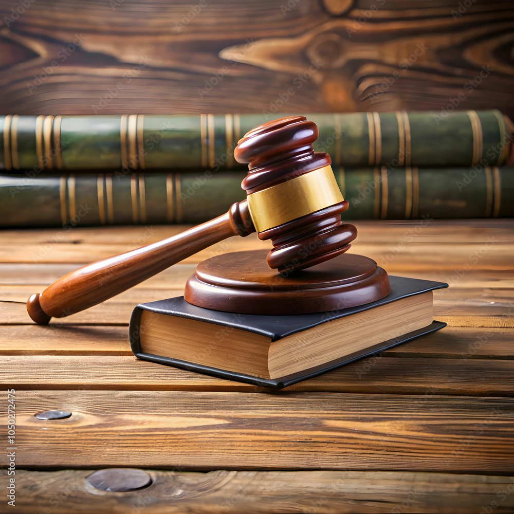 Wooden gavel and books on wooden table Wooden gavel and books on wooden table