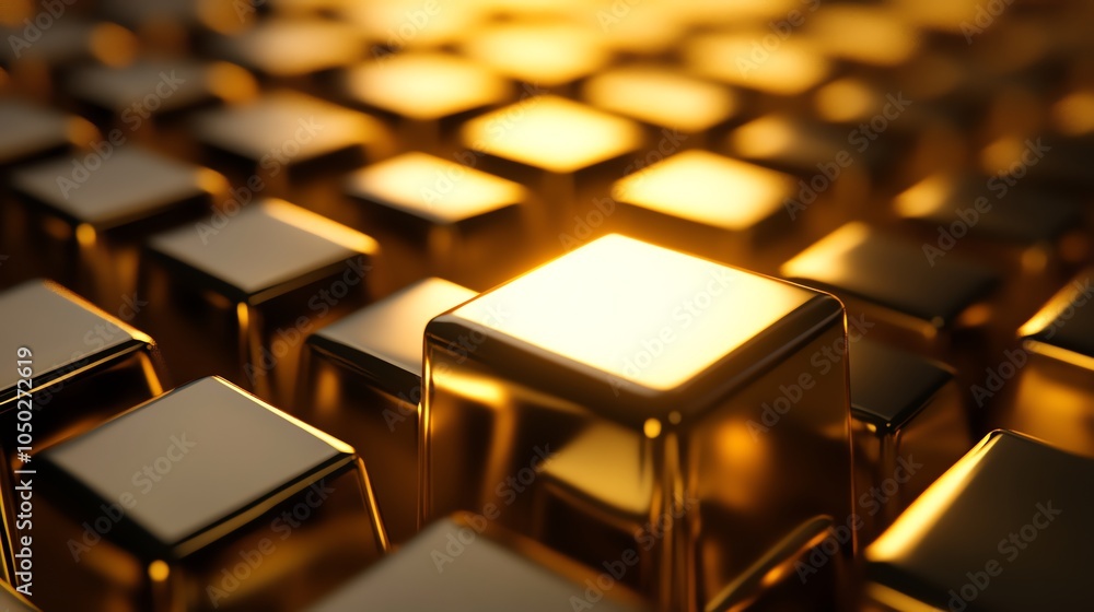 A close-up of a row of golden cubes, with one glowing brightly in the center. A close-up of a row of golden cubes, with one glowing brightly in the center.