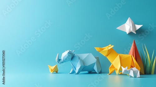 A collection of colorful origami animals on a blue background.