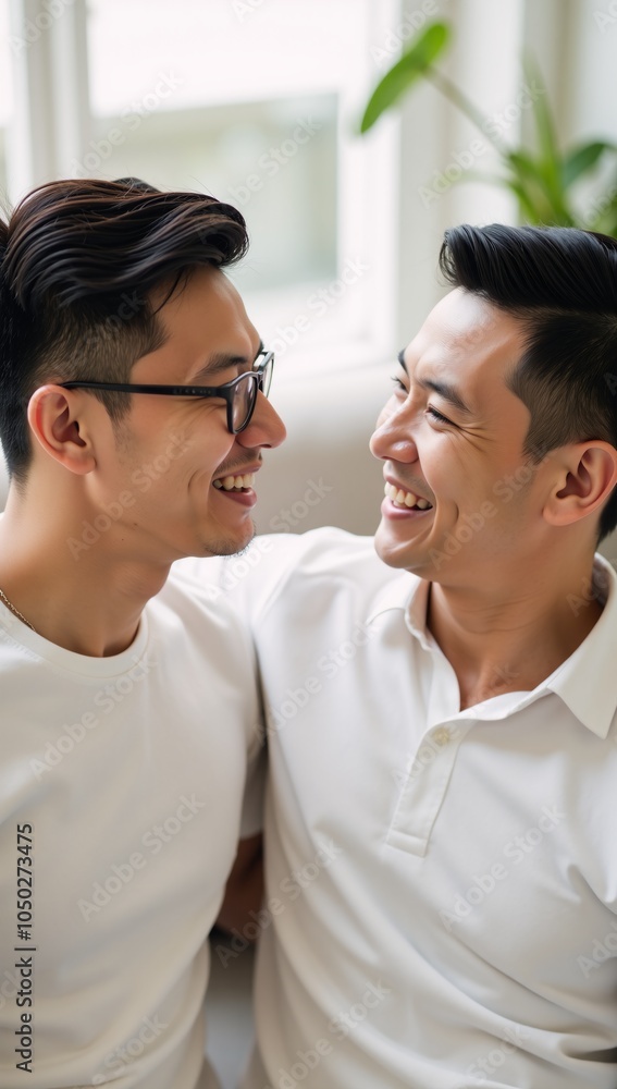 Naklejka premium Young smiling Asian gay couple sharing a laughter-filled moment radiating love happiness and connection amidst tranquility
