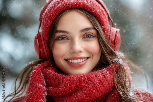 A cheerful young woman with a bright smile is wearing a red scarf and matching headphones. Snowflakes gently fall around her, creating a peaceful winter atmosphere.