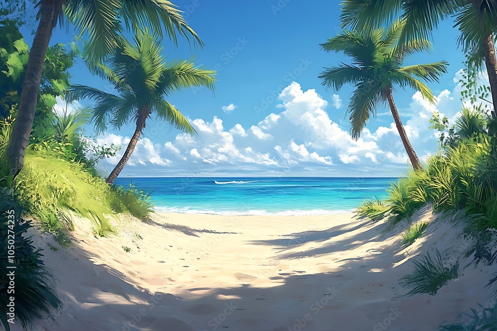 Fototapeta premium Peaceful Passage Through Palm Trees to Golden Beach