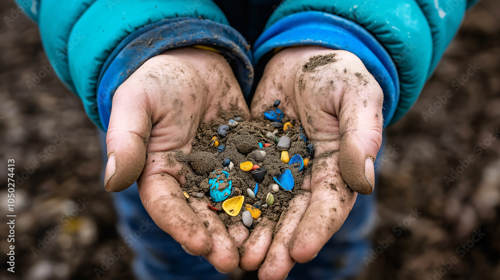 Microplastics in soil are growing concern for environmental health. This image shows hands holding soil mixed with colorful microplastics, highlighting impact on ecosystems Microplastics in soil are growing concern for environmental health. This image shows hands holding soil mixed with colorful microplastics, highlighting impact on ecosystems