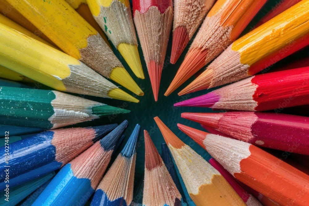 Naklejka premium Many different colorful sharpened pencils are forming a circle on a dark background, converging in the center