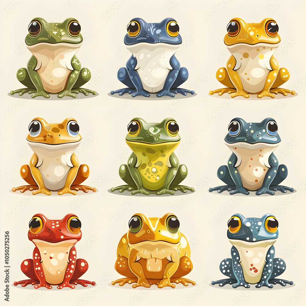 Fototapeta premium Nine cartoon frogs in various colors, sitting in a row.