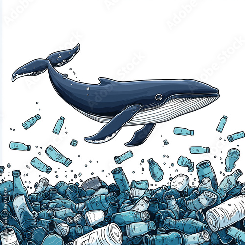 A whale swims gracefully through sea of plastic waste, highlighting urgent need for environmental awareness and conservation. This illustration captures stark contrast between marine life and pollutio photo