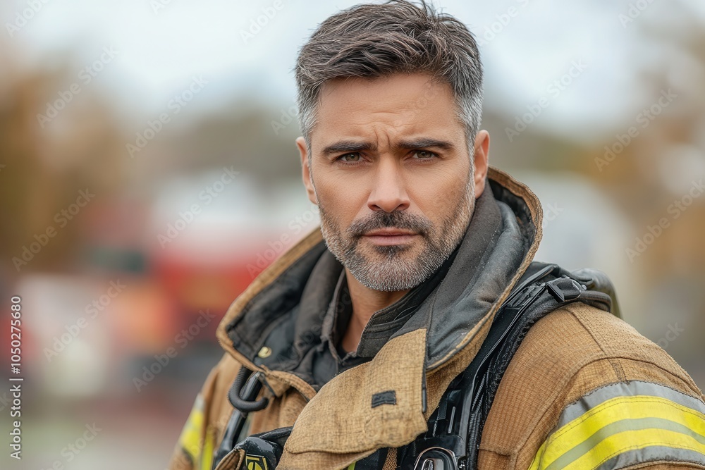 A determined firefighter with a strong expression stands in full protective gear, representing bravery and readiness, clearly illustrating an urgent scenario unfolding before him. A determined firefighter with a strong expression stands in full protective gear, representing bravery and readiness, clearly illustrating an urgent scenario unfolding before him.