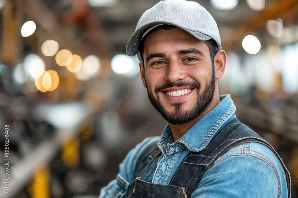 A factory worker wearing denim overalls and a cap stands confidently, smiling at the camera. Surrounding him is a bustling manufacturing environment with bright lights and machinery, showcasing a live A factory worker wearing denim overalls and a cap stands confidently, smiling at the camera. Surrounding him is a bustling manufacturing environment with bright lights and machinery, showcasing a live