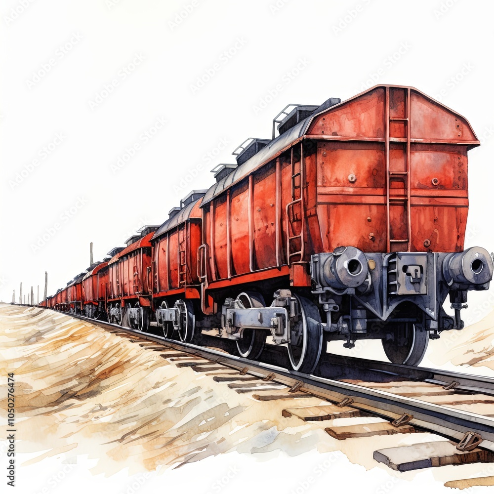 Obraz premium Red freight train wagons on railway track. Watercolor illustration on white background.