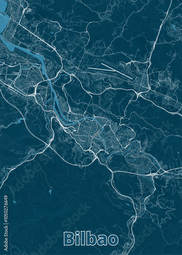 Map of Bilbao, Spain, showcasing the city's layout and surrounding landscape. The map features a network of roads, rivers, and other geographical features.