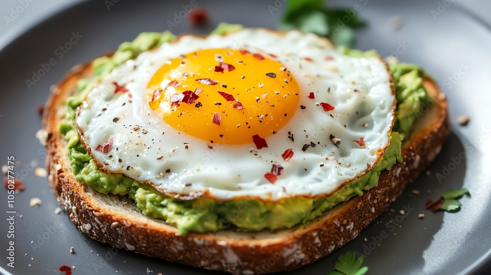 A fried egg on avocado toast with red pepper flakes and black pepper. A fried egg on avocado toast with red pepper flakes and black pepper.