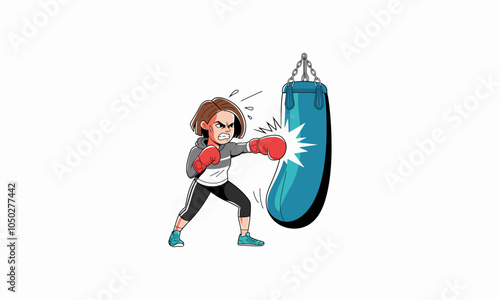Focused woman boxing with a punching bag in training.