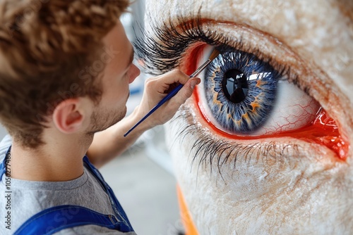 A skilled artist focuses on enhancing the details of a hyper realistic eye sculpture in a bright studio. The intricate features and vivid colors showcase the artists dedication to capturing lifelike e photo