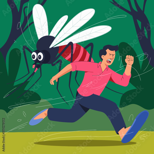 Man running away from a giant mosquito in panic.