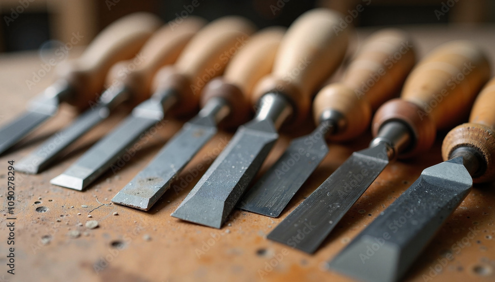 Naklejka premium Row of wood chisels with wooden handles on dusty workbench
