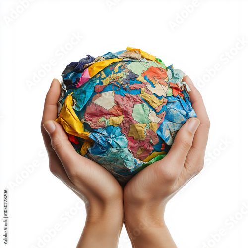 Fototapeta Naklejka Na Ścianę i Meble -  Holding globe made of crumpled paper, symbolizing environmental awareness and need for global care. This image evokes sense of responsibility towards our planet