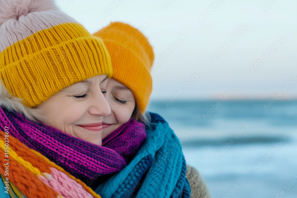 Heartwarming Winter Scene: Mother and Daughter Embrace at the Beach Heartwarming Winter Scene: Mother and Daughter Embrace at the Beach