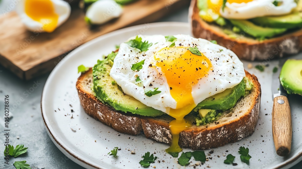 Avocado toast topped with a poached egg, with a wooden knife and a cutting board in the background. Avocado toast topped with a poached egg, with a wooden knife and a cutting board in the background.