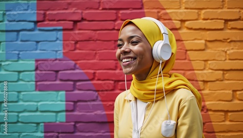 Black Muslim Gen Z girl enjoying music donning a colorful outfit and vibrant hijab set against a lively brick backdrop photo