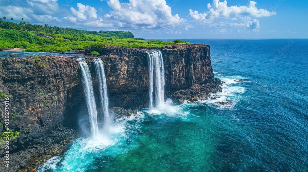 Majestic Waterfalls Plunging into Ocean from Cliffside