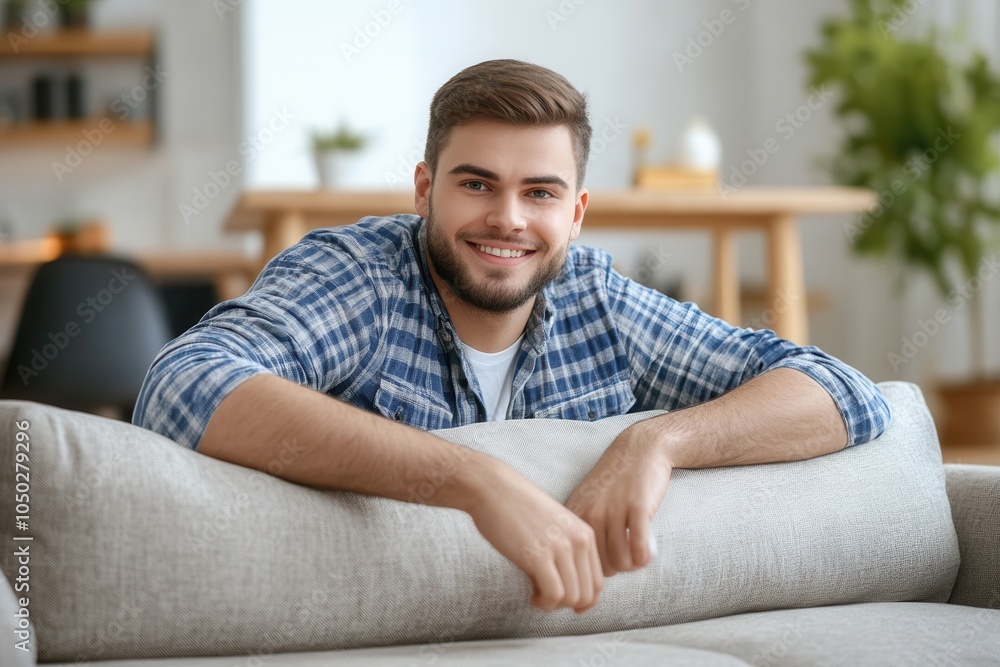A young man with a friendly smile leans on a soft, light colored sofa in a stylish living room. The space is bright and welcoming, featuring contemporary decor and greenery in the background. A young man with a friendly smile leans on a soft, light colored sofa in a stylish living room. The space is bright and welcoming, featuring contemporary decor and greenery in the background.