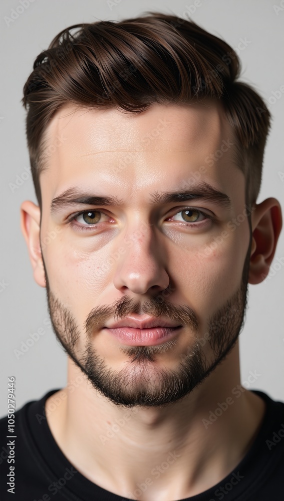 Fototapeta premium Close-up portrait of Caucasian bearded gay man wearing red lipstick with metrosexual aesthetic in a horizontal composition against an LGBTQ background