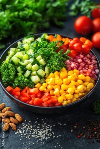 A vibrant assortment of freshly chopped vegetables is arranged in a large bowl. The mix includes cucumbers, tomatoes, radishes, corn, and greens, showcasing a rainbow of colors that promote healthy ea