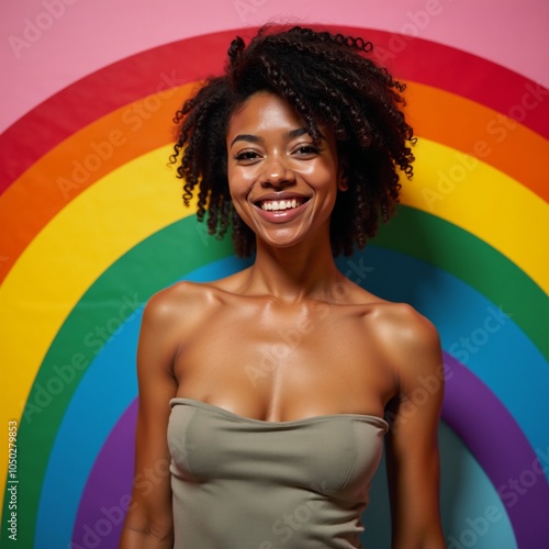 A vibrant Pride-themed portrait showcases a confident black transgender woman celebrating her identity photo