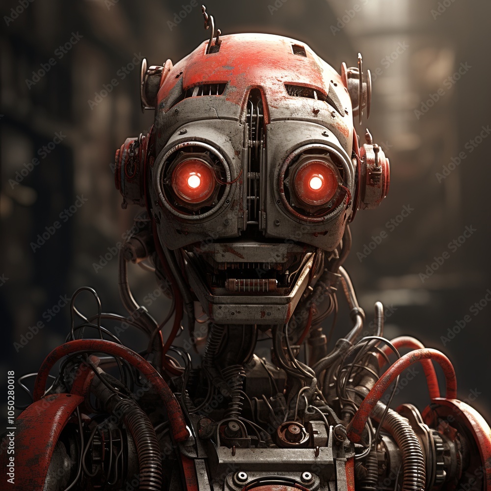 Fototapeta premium Smiling Robot with Red Glowing Eyes