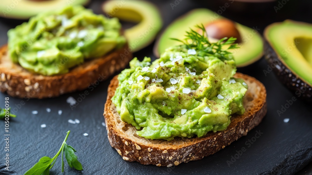 Close up of two slices of avocado toast. Close up of two slices of avocado toast.