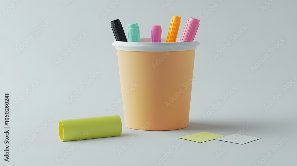 Fototapeta premium A front-angle view of a cup filled with markers and sticky notes, arranged beside an eraser, plain background, 4K resolution