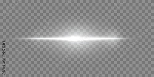 White horizontal lensflare. Light flash with rays or spotlight and bokeh. Silver glow flare light effect. Vector illustration. Isolated on transparent background.