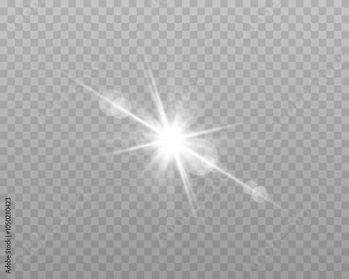 White sunlight lens flare, sun flash with rays and spotlight. Silver glowing burst explosion on a transparent background. Vector illustration.