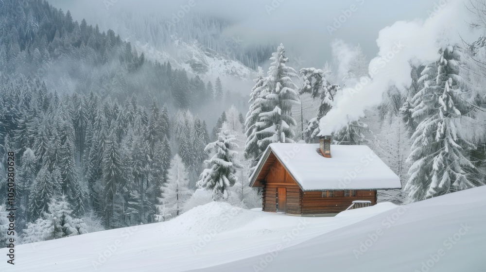 A cozy mountain cabin covered in snow with smoke rising from the chimney, Winter setting with cabin coziness, Cozy style A cozy mountain cabin covered in snow with smoke rising from the chimney, Winter setting with cabin coziness, Cozy style
