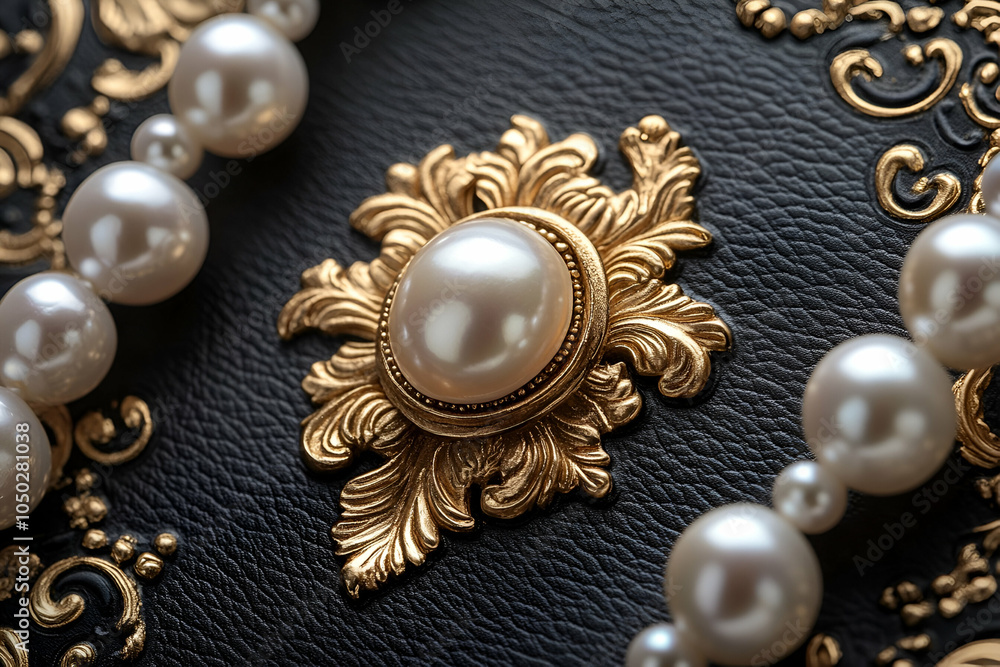 A close-up of a decorative gold brooch featuring a large pearl, surrounded by elegant pearls against a textured black background. A close-up of a decorative gold brooch featuring a large pearl, surrounded by elegant pearls against a textured black background.