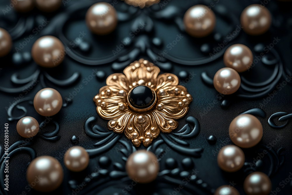 An intricate design featuring pearls and a golden floral centerpiece set against a dark, textured background. An intricate design featuring pearls and a golden floral centerpiece set against a dark, textured background.