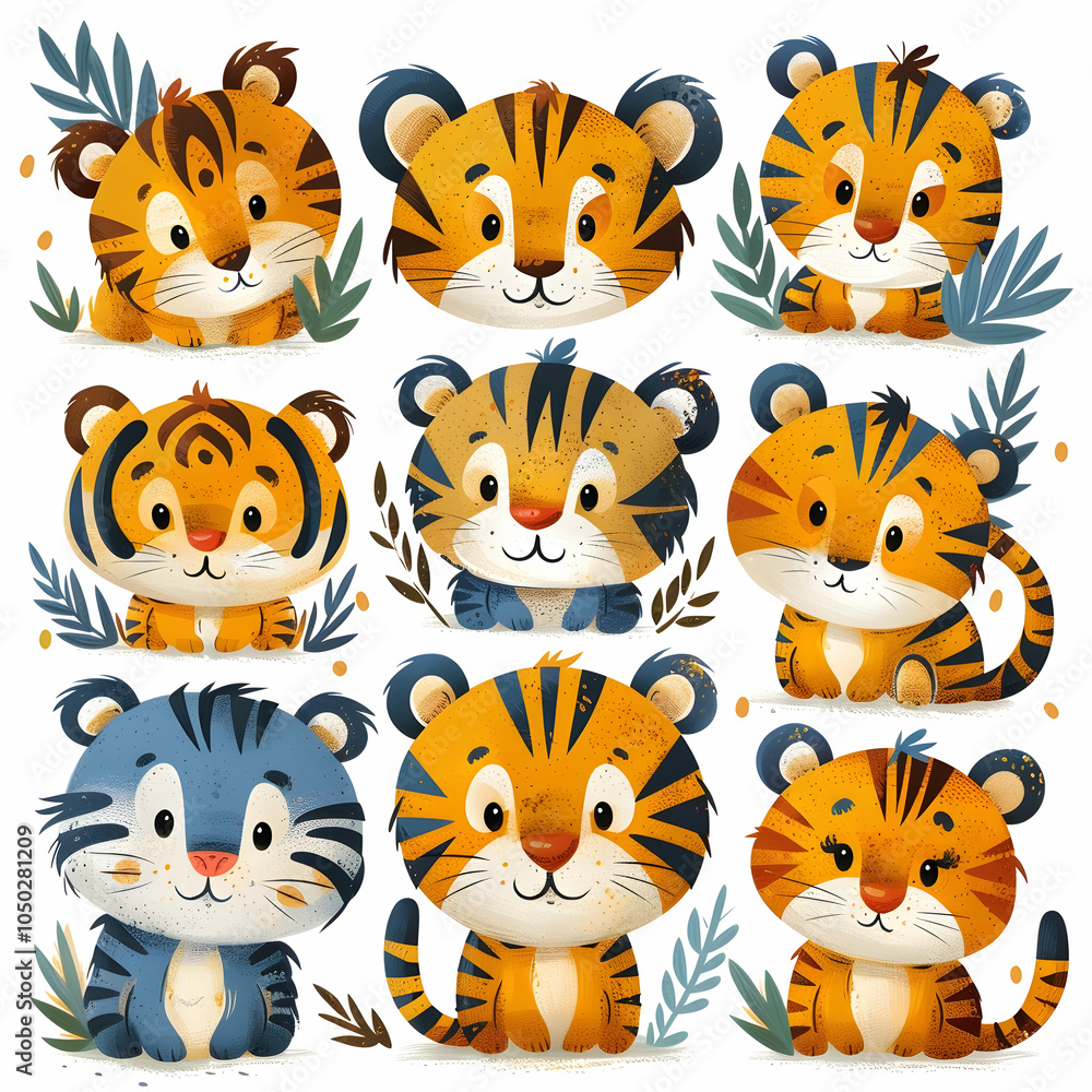 A collection of nine cute cartoon tigers with various expressions. A collection of nine cute cartoon tigers with various expressions.