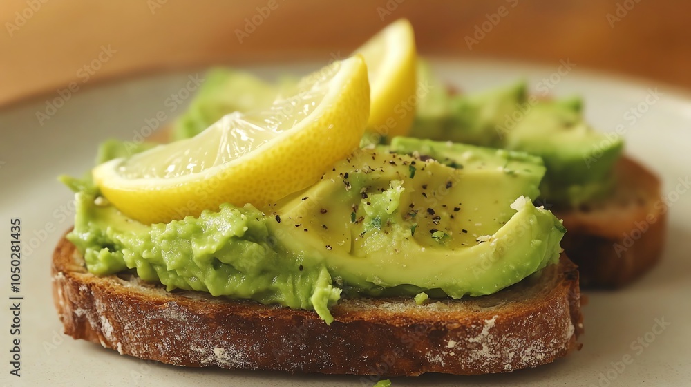 Avocado toast with lemon wedges. Avocado toast with lemon wedges.