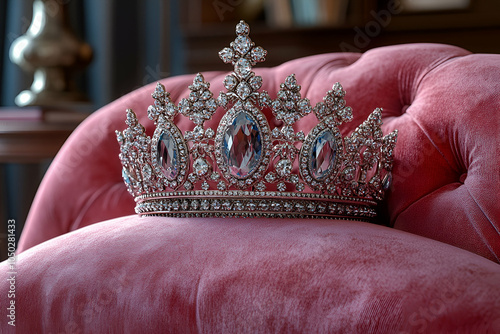 A beautifully intricate crown rests on a plush pink chair, symbolizing elegance and royalty. photo