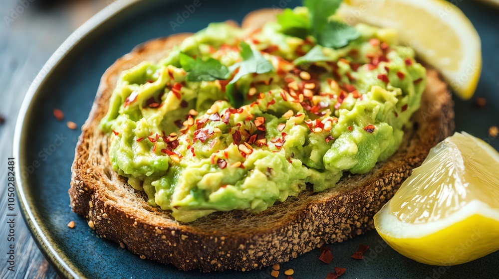 A slice of avocado toast with red pepper flakes and a lemon wedge. A slice of avocado toast with red pepper flakes and a lemon wedge.