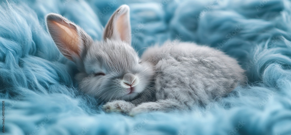 Obraz premium A cute gray bunny rabbit sleeps peacefully on a blue fluffy rug.
