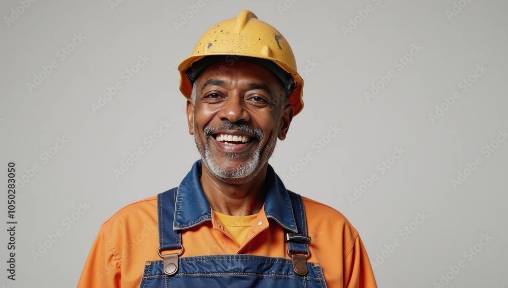 An elderly African-American man with a warm smile and short gray hair wears a construction workers uniform and hardhat An elderly African-American man with a warm smile and short gray hair wears a construction workers uniform and hardhat